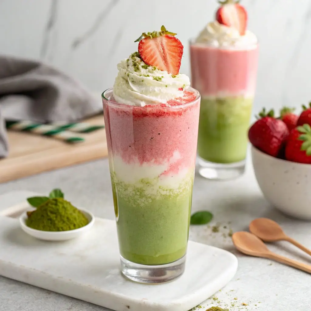 Strawberry Matcha Latte – Refreshing, Creamy & Antioxidant-Rich Iced Drink - Easy Quick Recipe - Easy Quick Recipe Layered Strawberry Matcha Latte featuring a vibrant strawberry puree base, creamy milk center, and a bold green matcha top, served over ice in a clear glass.