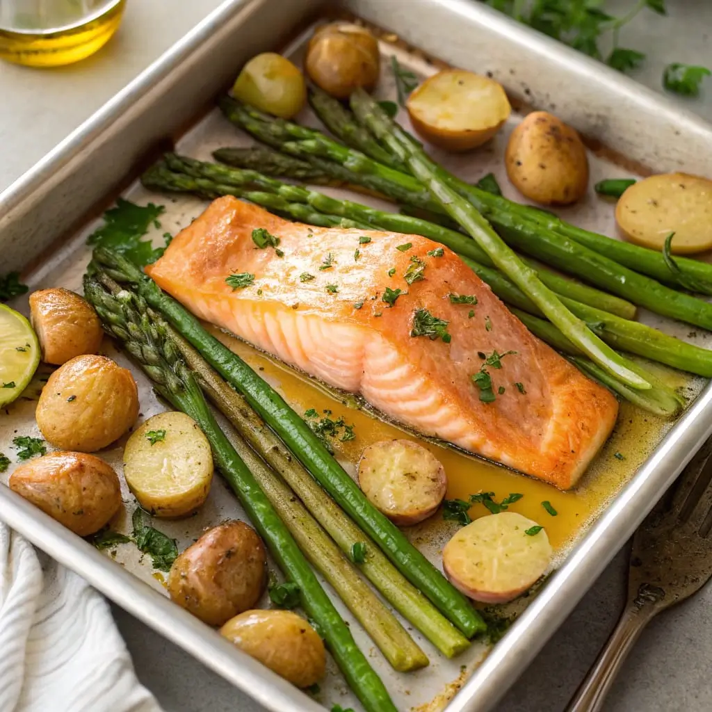 Sheet Pan Salmon with Asparagus and Potatoes – Easy, Healthy & Flavor-Packed Dinner - Easy Quick Recipe - Easy Quick Recipe Oven-roasted sheet pan salmon fillets served with tender asparagus spears and golden baby potatoes, seasoned with garlic, herbs, and lemon slices.