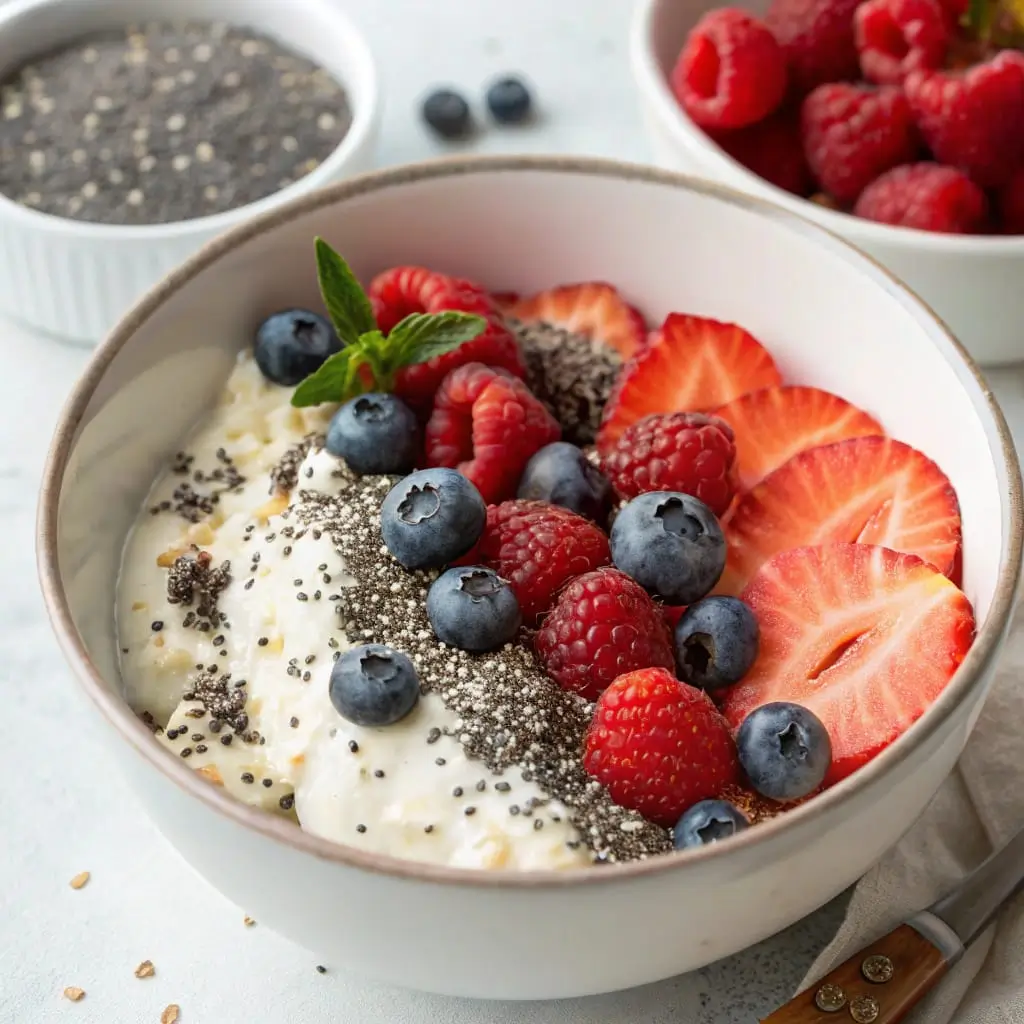 Glass jar of overnight oats layered with chia seeds, fresh berries, and a drizzle of nut butter on a wooden table