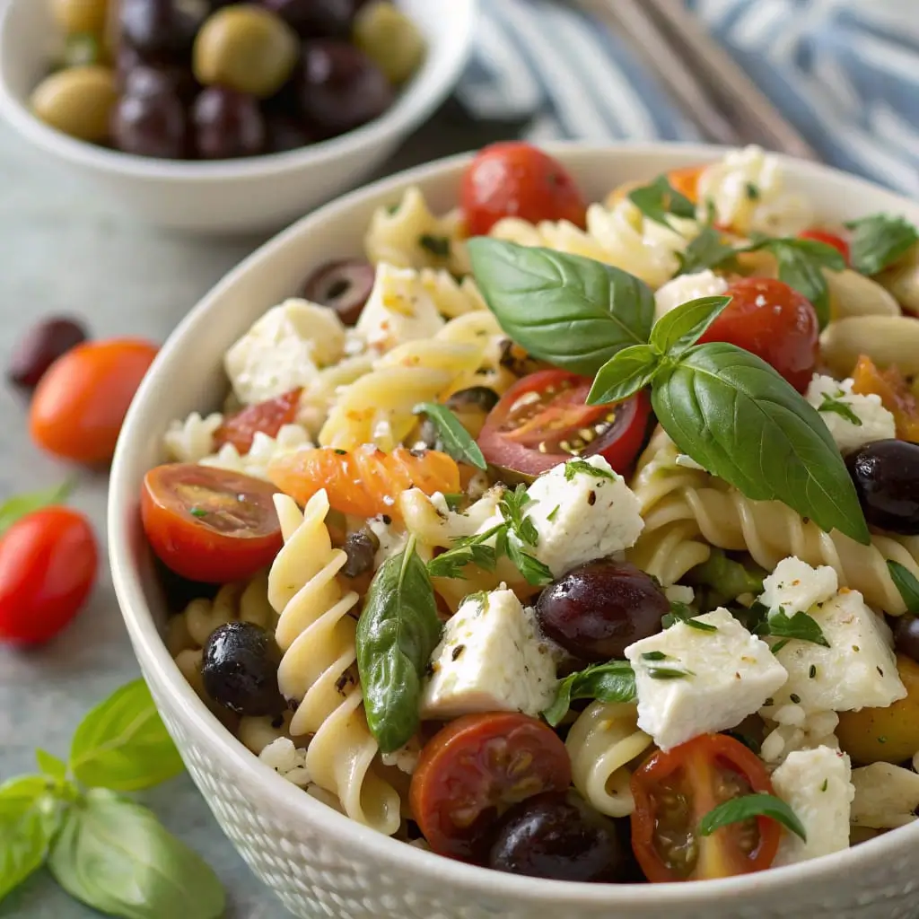 Colorful Mediterranean pasta salad with cherry tomatoes, olives, feta cheese, and herbs in a white bowl