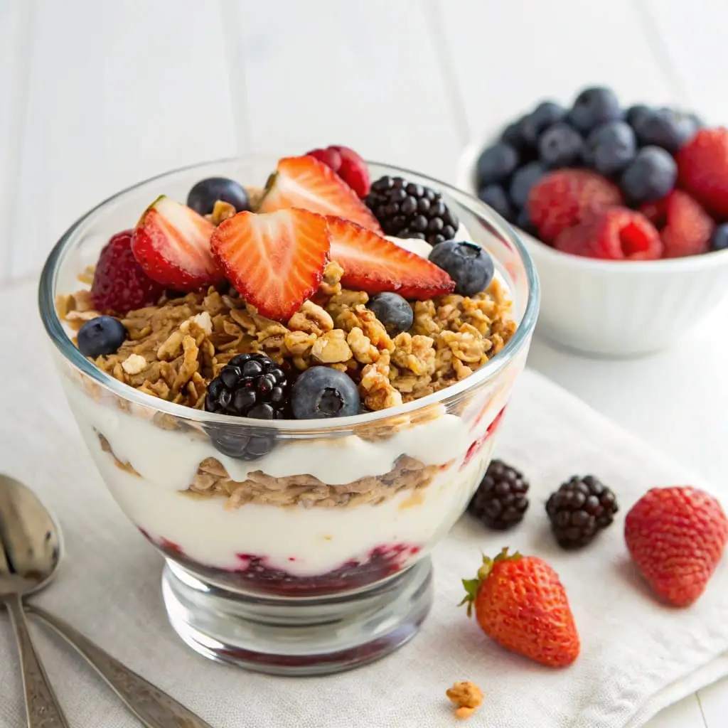 Greek Yogurt Parfait with Granola, Fresh Berries, and Honey - Easy Quick Recipe - Easy Quick Recipe Layered Greek yogurt parfait in a glass jar with granola, strawberries, blueberries, and a drizzle of honey on top.