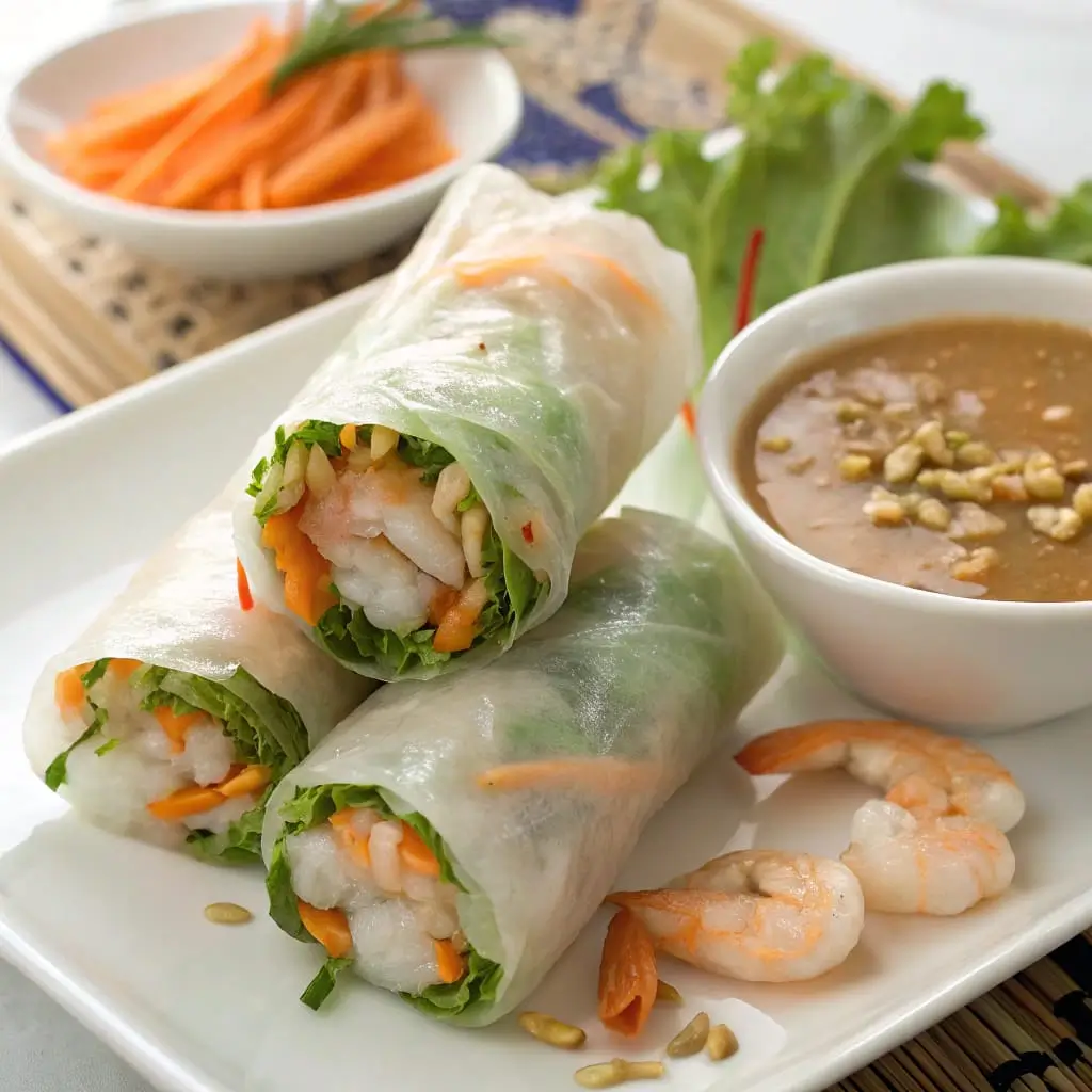 Vietnamese Spring Rolls with Fresh Herbs and Peanut Dipping Sauce - Easy Quick Recipe - Easy Quick Recipe Colorful Vietnamese spring rolls filled with vegetables and herbs served with a creamy peanut dipping sauce