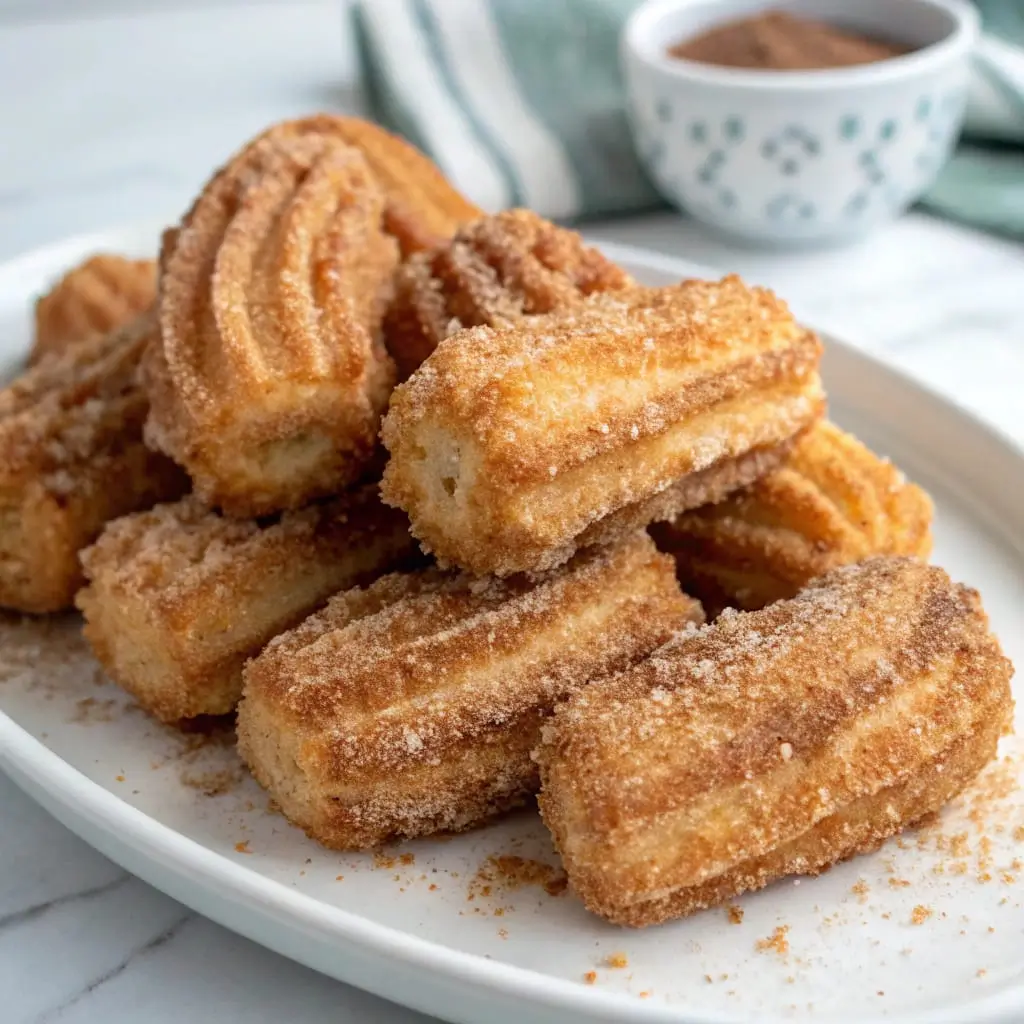 Air Fryer Churro Bites – Easy, Crispy & Irresistibly Sweet Treat - Easy Quick Recipe - Easy Quick Recipe Golden-brown Air Fryer Churro Bites coated in cinnamon sugar, served with a rich chocolate dipping sauce. A crispy, bite-sized dessert made without deep frying.