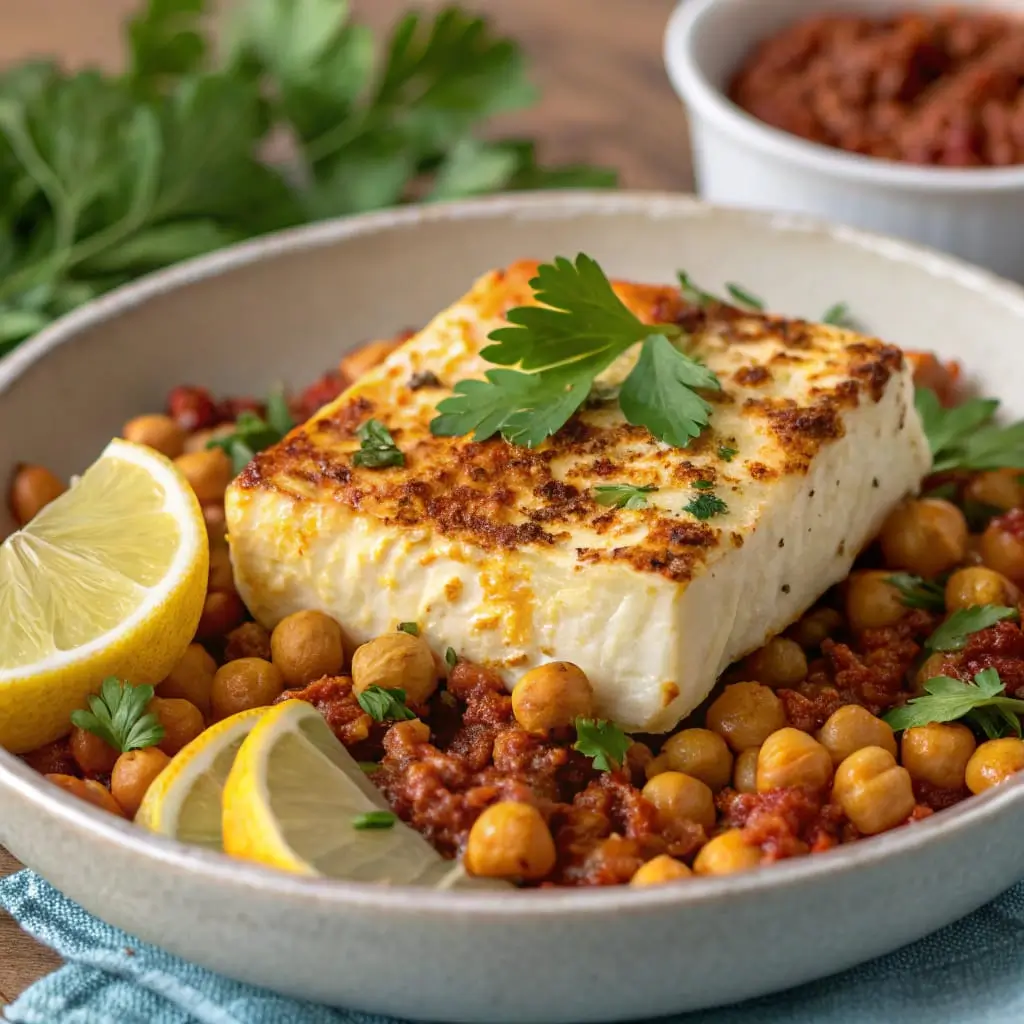 Baked Feta & Chickpeas with Harissa – Bold, Creamy, and Mediterranean-Inspired - Easy Quick Recipe - Easy Quick Recipe Baked Feta & Chickpeas with Harissa, garnished with fresh herbs and served in a rustic skillet. A spicy, creamy Mediterranean-inspired dish packed with bold flavors.