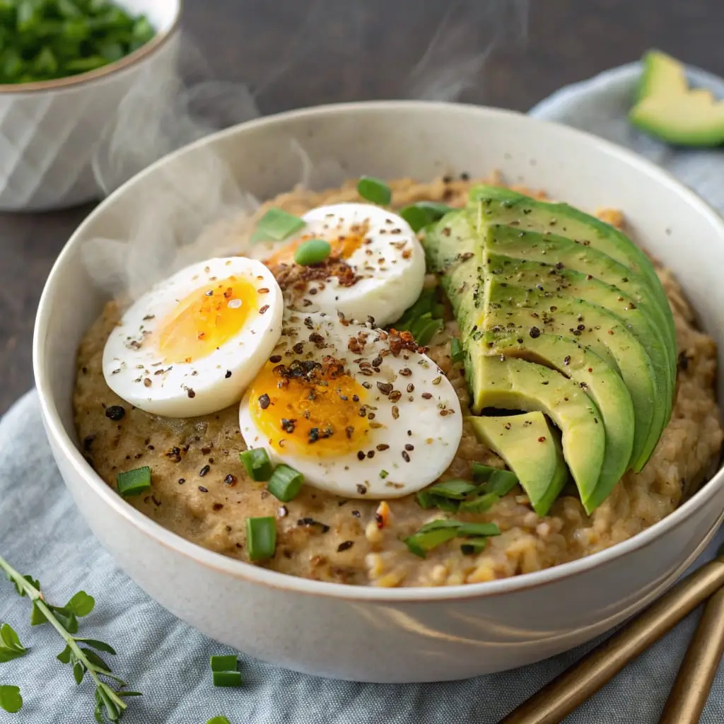 Savory Oatmeal with Avocado and Egg – Healthy Breakfast Bowl - Easy Quick Recipe - Easy Quick Recipe A hearty savory oatmeal bowl topped with sliced avocado, a soft-boiled egg, and chili flakes in a rustic ceramic dish