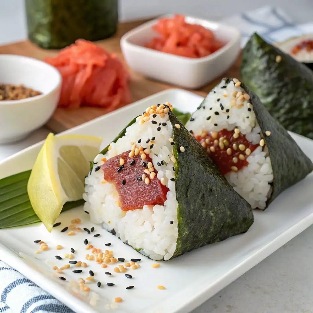Spicy Tuna Onigiri Wrapped in Nori with Sriracha Drizzle - Easy Quick Recipe - Easy Quick Recipe Japanese spicy tuna onigiri rice balls wrapped in seaweed with creamy sriracha filling