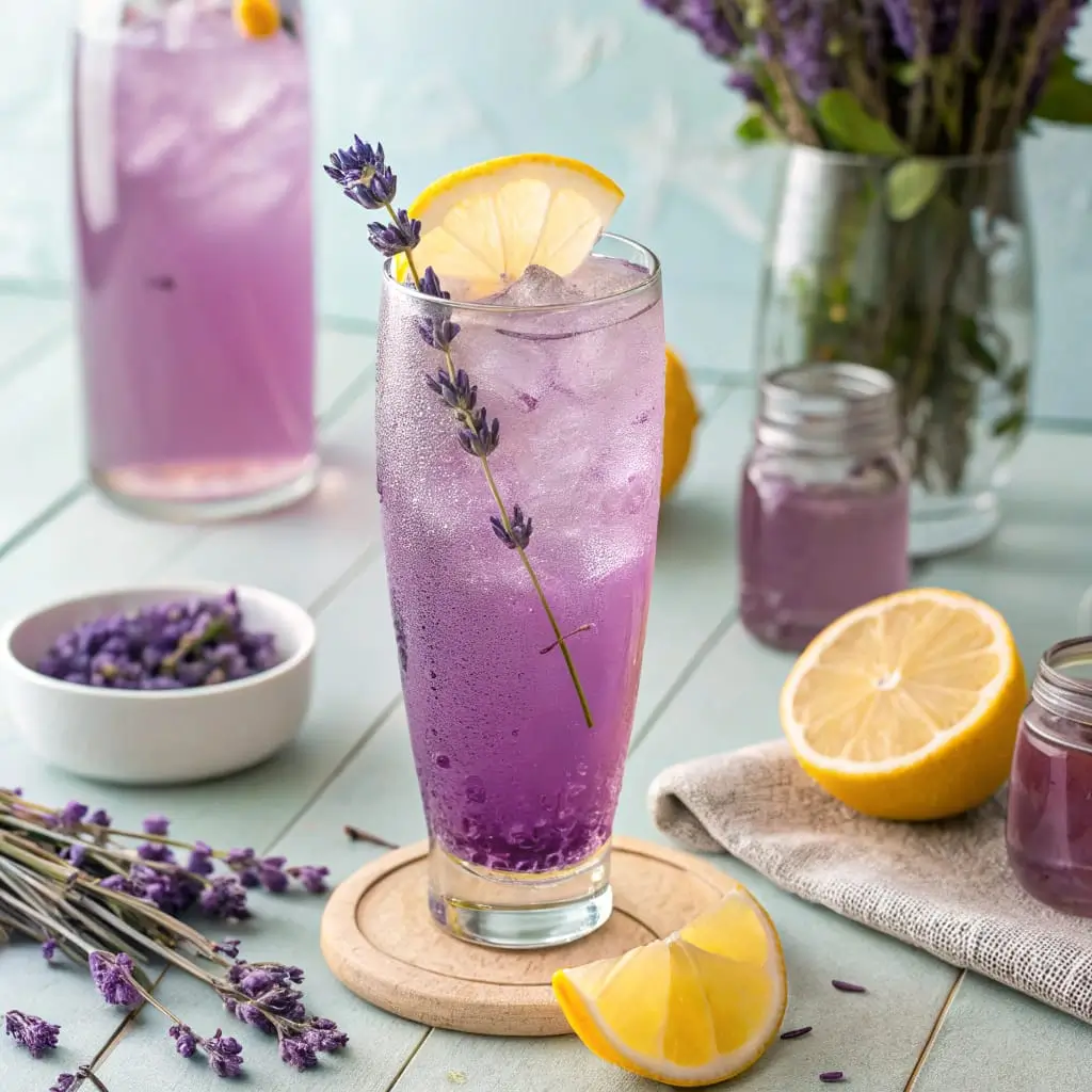Lavender Lemonade – A Refreshing Floral Mocktail for Springtime Vibes - Easy Quick Recipe - Easy Quick Recipe Lavender Lemonade served over ice in a clear glass, garnished with fresh lavender sprigs and lemon slices. A refreshing, floral mocktail perfect for spring and summer.