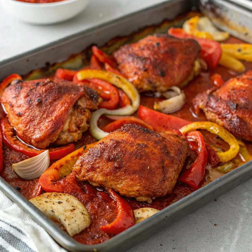 Sheet Pan Harissa Chicken Thighs with Roasted Veggies – Bold & Easy Dinner - Easy Quick Recipe - Easy Quick Recipe Oven-roasted harissa chicken thighs on a sheet pan with golden baby potatoes, red onions, and charred bell peppers, garnished with fresh parsley.