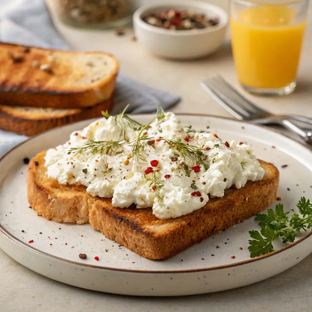 A slice of whole-grain toast topped with cottage cheese, avocado, tomatoes, and cucumber.