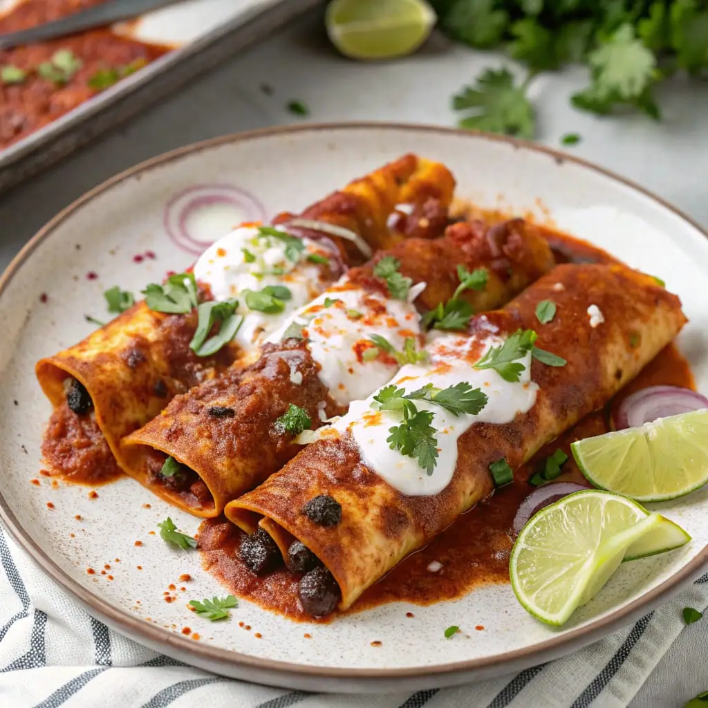 Sweet Potato & Black Bean Enchiladas – Hearty, Flavor-Packed Comfort Food - Easy Quick Recipe - Easy Quick Recipe Baked sweet potato and black bean enchiladas in a casserole dish topped with melted cheese, avocado slices, chopped cilantro, and a drizzle of crema.