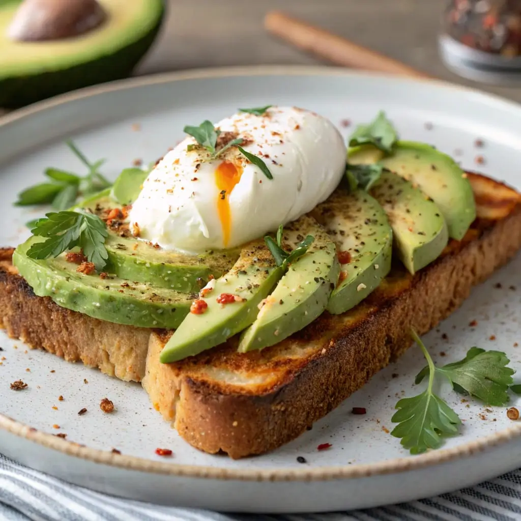 Savory French Toast with Avocado and Egg – A Perfect Breakfast Twist - Easy Quick Recipe - Easy Quick Recipe Savory French toast topped with avocado slices and a runny egg, garnished with fresh herbs.