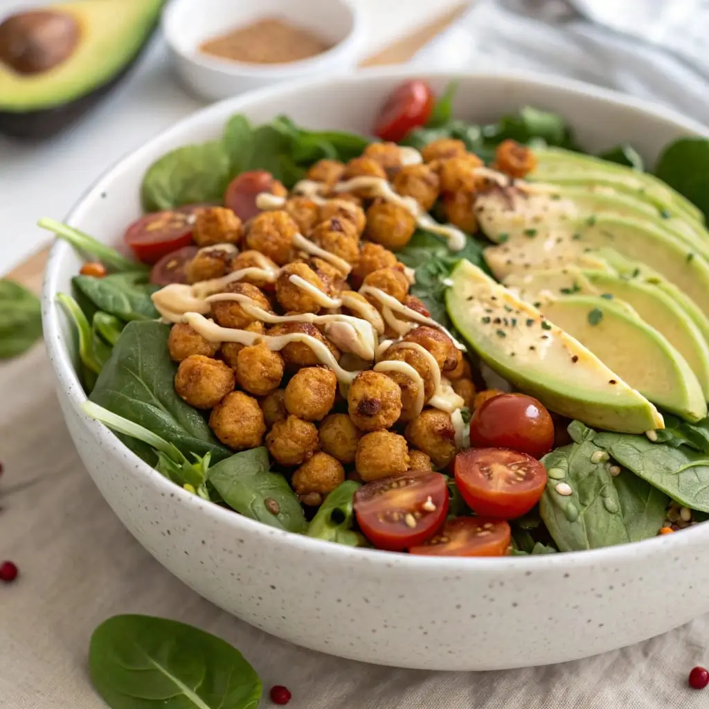 Crispy Chickpea Bowl with Tahini Dressing – Vibrant and Nutritious - Easy Quick Recipe - Easy Quick Recipe A colorful bowl filled with crispy roasted chickpeas, fresh greens, and a drizzle of creamy tahini dressing.