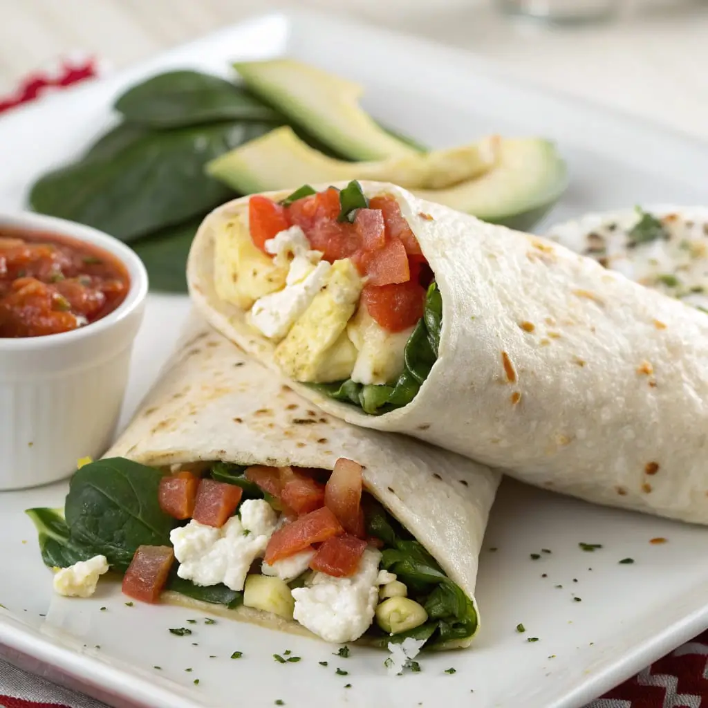 Egg White Wrap Breakfast Burrito with Veggies and Cheese - Easy Quick Recipe - Easy Quick Recipe Fluffy egg white wrap breakfast burrito filled with sautéed vegetables, melted cheese, and wrapped in a soft tortilla.