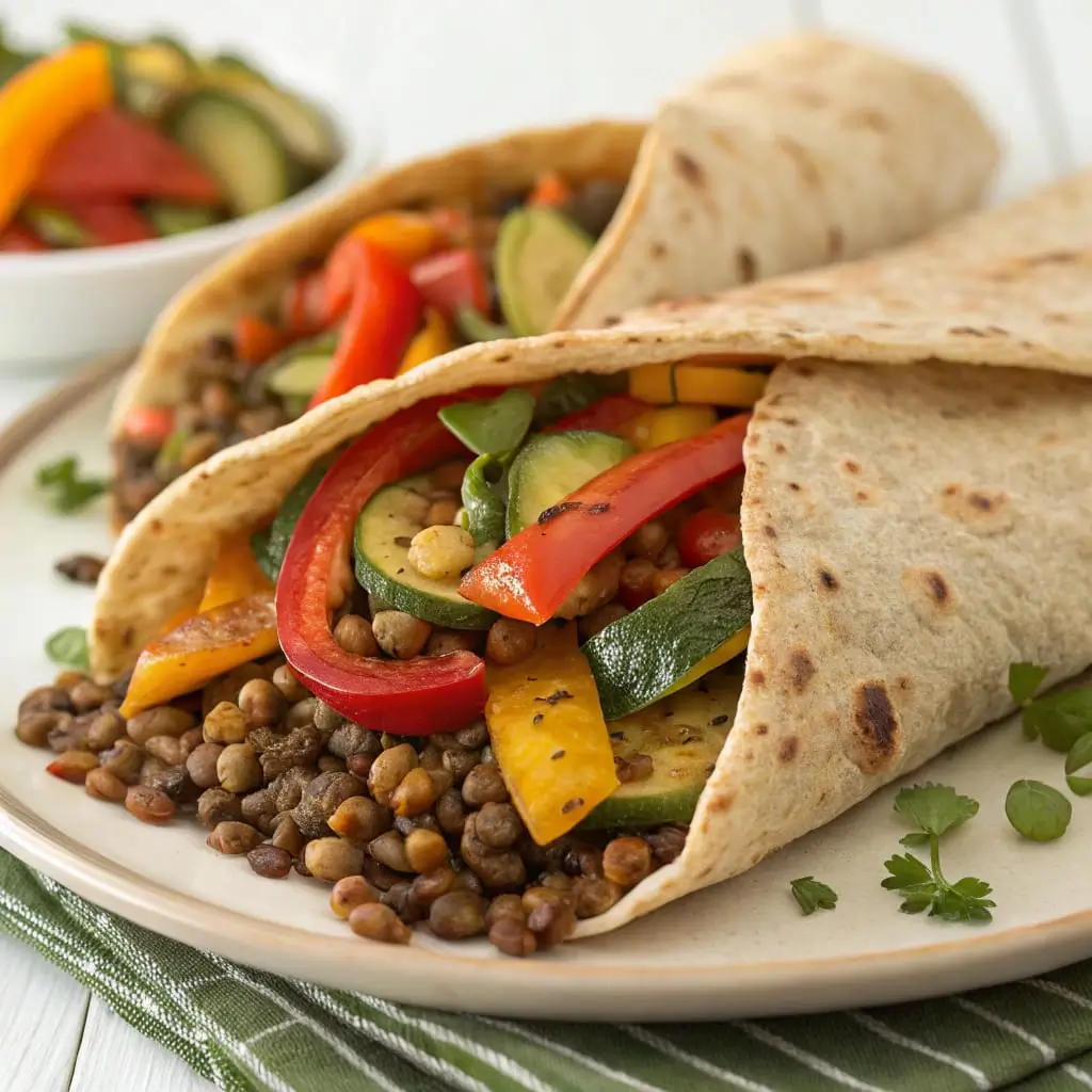 Lentil & Roasted Veggie Flatbread Wrap - Easy Quick Recipe - Easy Quick Recipe Lentil and roasted veggie flatbread wrap filled with seasoned vegetables and creamy tahini sauce.