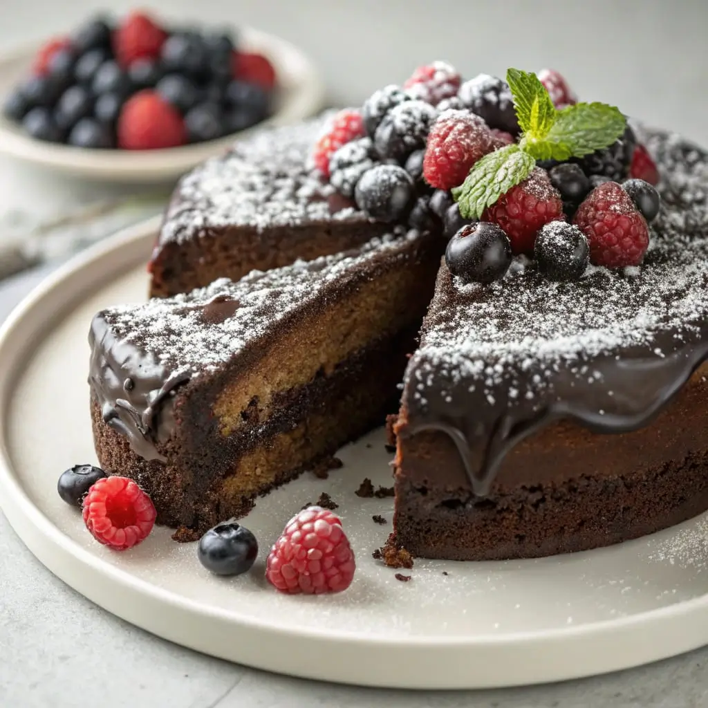 Chocolate Olive Oil Cake – Ultra Moist & Naturally Elegant - Easy Quick Recipe - Easy Quick Recipe Rich, moist chocolate olive oil cake topped with glossy ganache and sea salt flakes, sliced and served on a rustic plate.