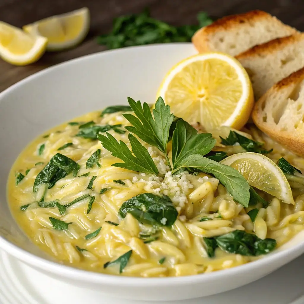 Creamy Lemon Orzo with Spinach – Bright, Comforting & Quick - Easy Quick Recipe - Easy Quick Recipe Creamy lemon orzo pasta tossed with wilted spinach, garnished with lemon zest and cracked black pepper, served in a white bowl.