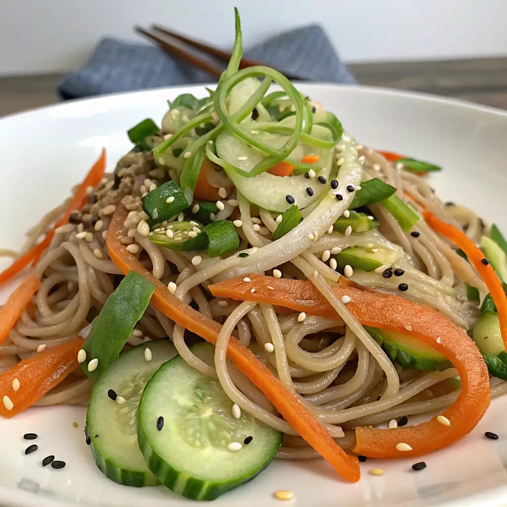 Cold Soba Noodle Salad with Sesame-Lime Dressing - Easy Quick Recipe - Easy Quick Recipe A vibrant bowl of cold soba noodle salad with sesame-lime dressing and fresh vegetables.