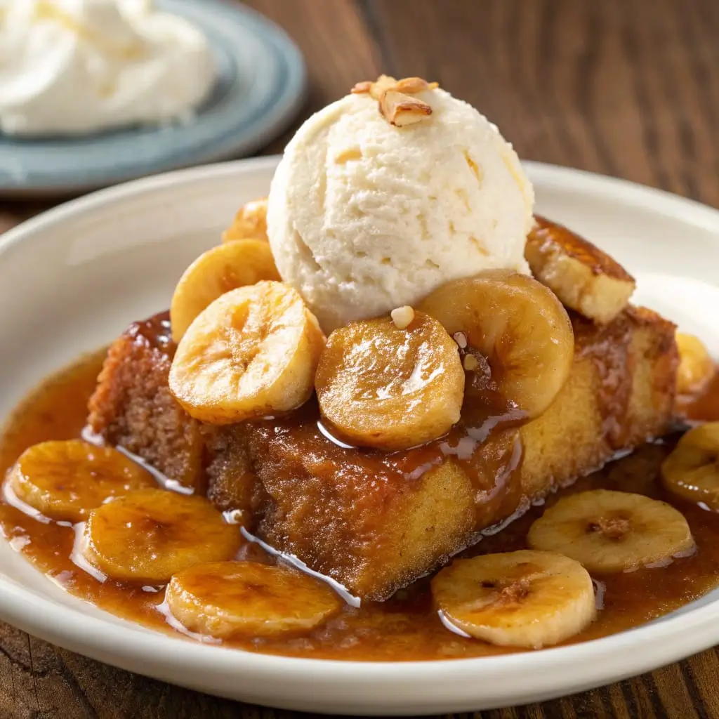 Flaming Banana Velvet – Decadent Dessert with a Fiery Twist - Easy Quick Recipe - Easy Quick Recipe Flaming banana velvet dessert with caramelized banana slices, a golden brûlée top, and a dramatic blue flame garnish.