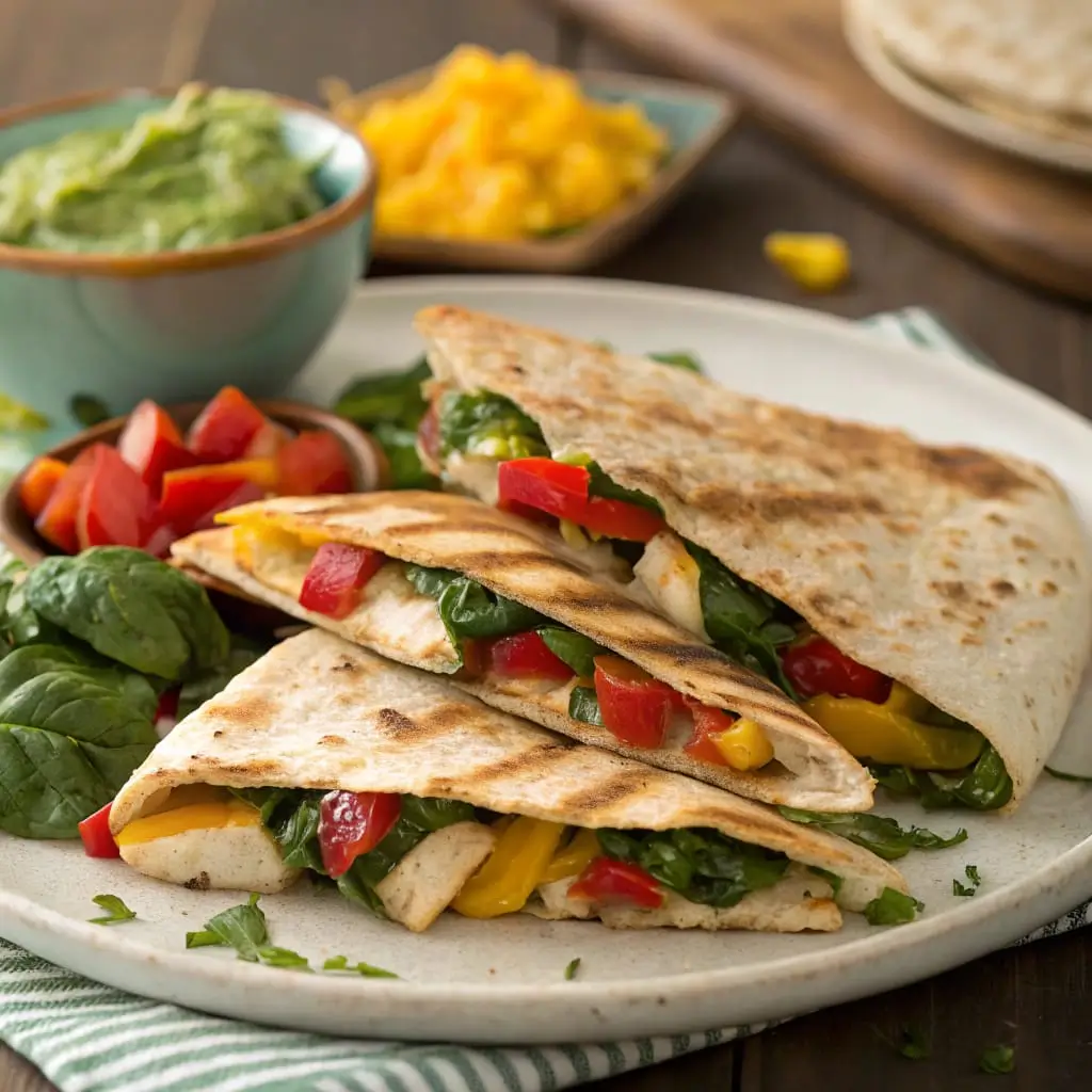 Healthy Quesadilla for Picky Eaters – Kid-Friendly and Delicious - Easy Quick Recipe - Easy Quick Recipe A sliced healthy quesadilla filled with cheese, veggies, and tender chicken, served with a side of salsa and guacamole.