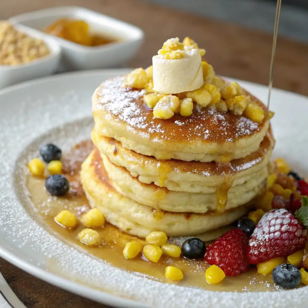 Sweet Corn Pancakes with Honey Butter – Golden, Fluffy, and Irresistibly Sweet - Easy Quick Recipe - Easy Quick Recipe Stack of golden sweet corn pancakes topped with melting honey butter and a drizzle of syrup.