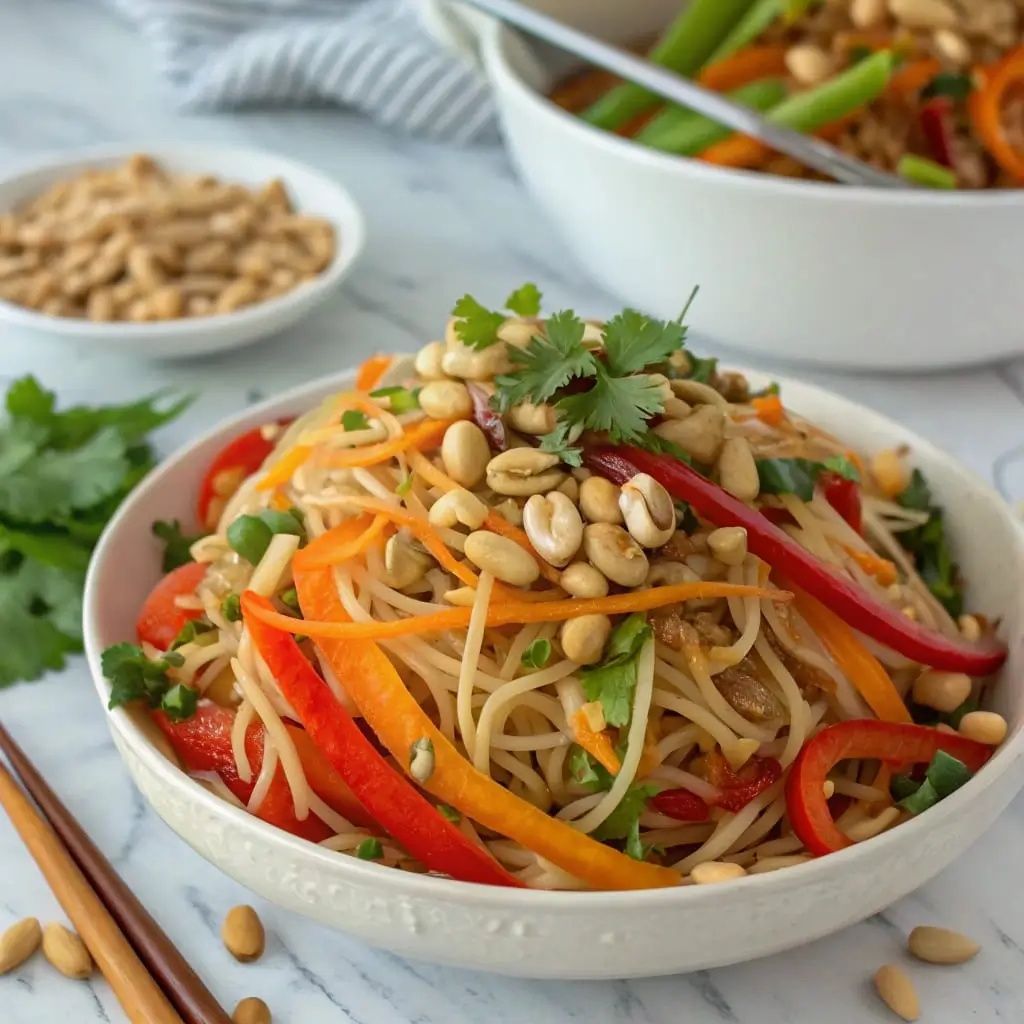 Thai Peanut Noodle Salad with Crunchy Veggies – Fresh and Flavorful - Easy Quick Recipe - Easy Quick Recipe A vibrant bowl of Thai Peanut Noodle Salad with crunchy veggies, topped with chopped peanuts and fresh cilantro.