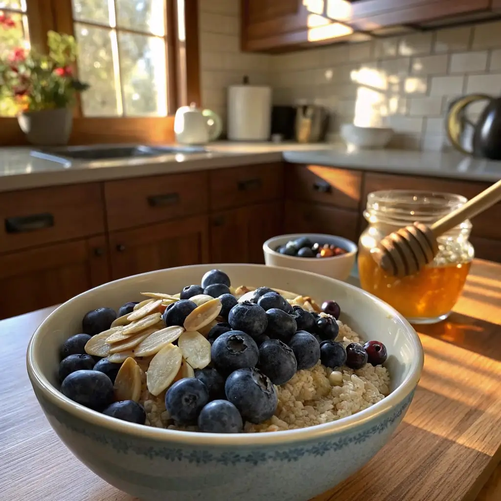 Blueberry Quinoa Breakfast Bowl – Healthy Morning Fuel - Easy Quick Recipe - Easy Quick Recipe A vibrant bowl of blueberry quinoa breakfast topped with fresh blueberries, sliced almonds, and a drizzle of honey.