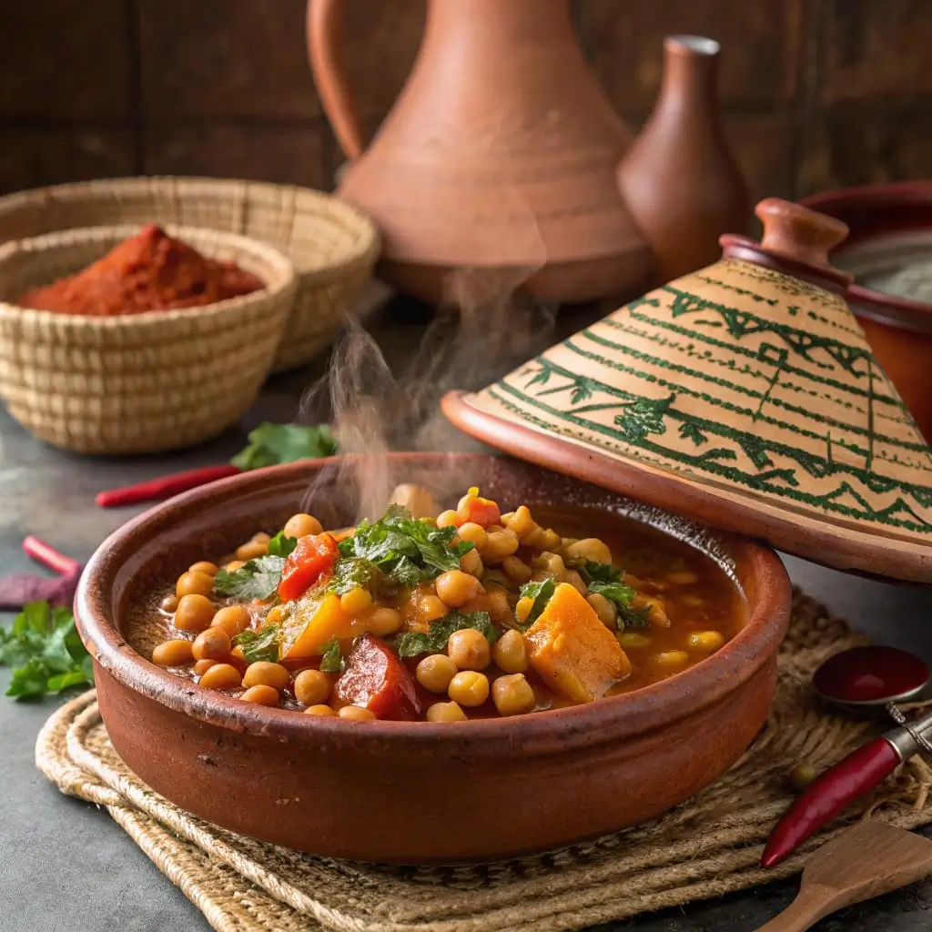 Moroccan Chickpea Tagine – Hearty, Aromatic & Plant-Based Delight - Easy Quick Recipe - Easy Quick Recipe Traditional Moroccan chickpea tagine with tender vegetables, vibrant spices, and a rich tomato-based sauce served in a clay tagine pot.