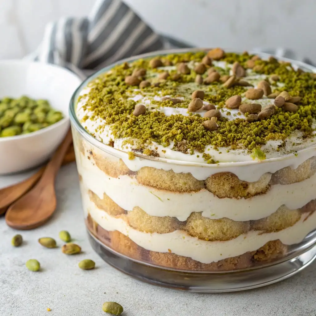 Pistachio Tiramisu – A Luscious Italian Twist with a Nutty Elegance - Easy Quick Recipe - Easy Quick Recipe Creamy pistachio tiramisu layered with espresso-soaked ladyfingers and pistachio mascarpone cream, topped with crushed pistachios and white chocolate shavings.