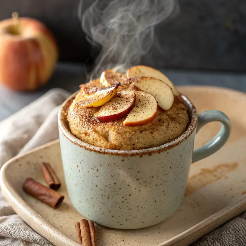 Warm and fluffy High-Protein Apple Cinnamon Mug Cake with fresh apple bits and cinnamon.