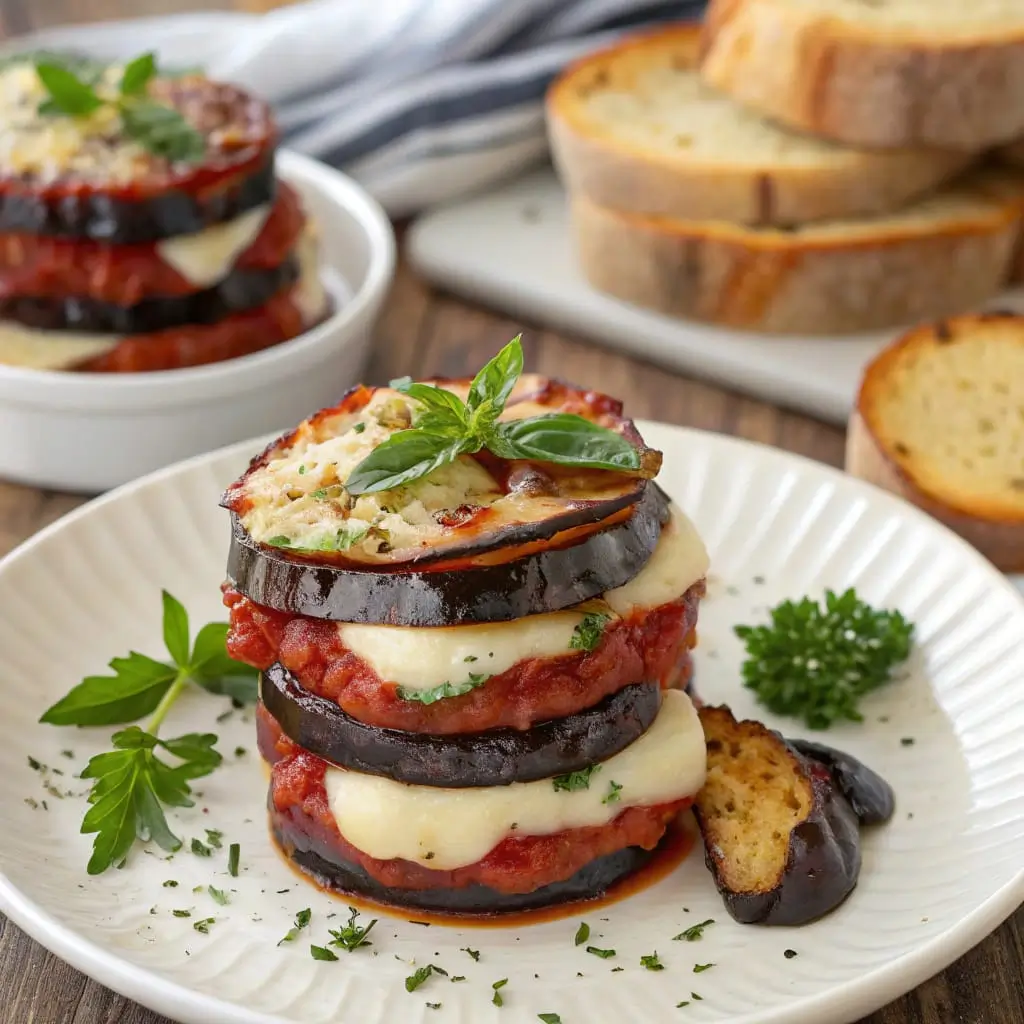 Golden, crispy eggplant slices stacked with layers of marinara sauce, melted mozzarella, and fresh basil, served on a rustic ceramic plate.