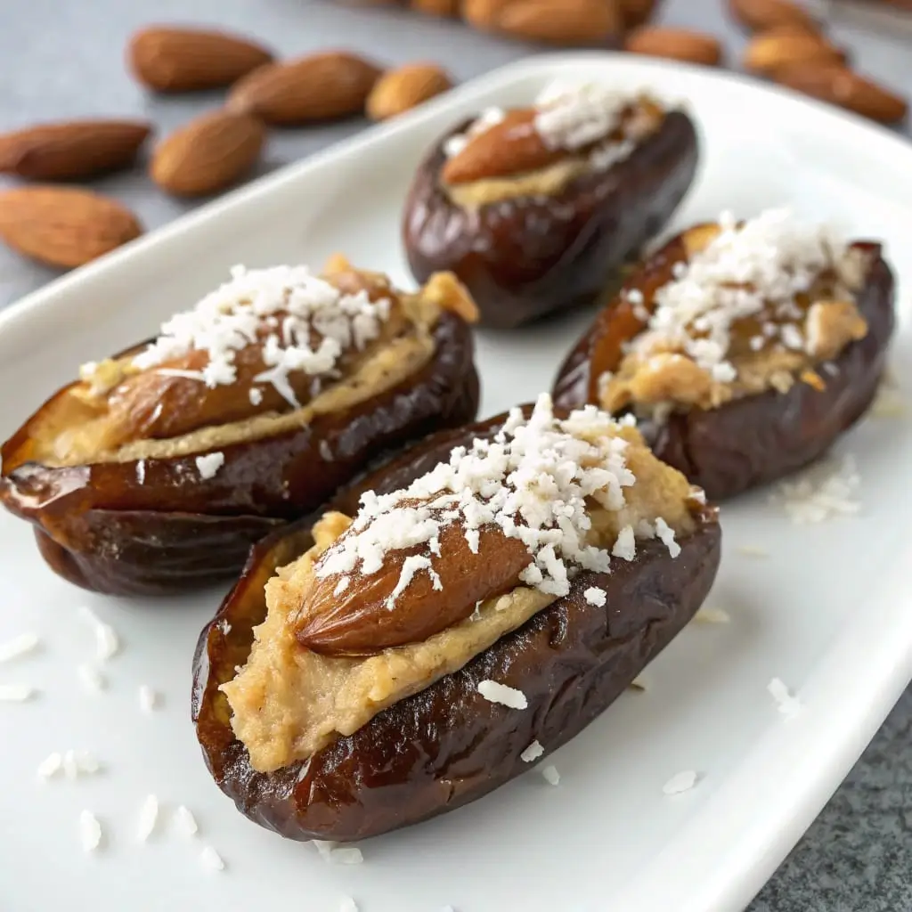 Medjool dates stuffed with almond butter and coated with shredded coconut.