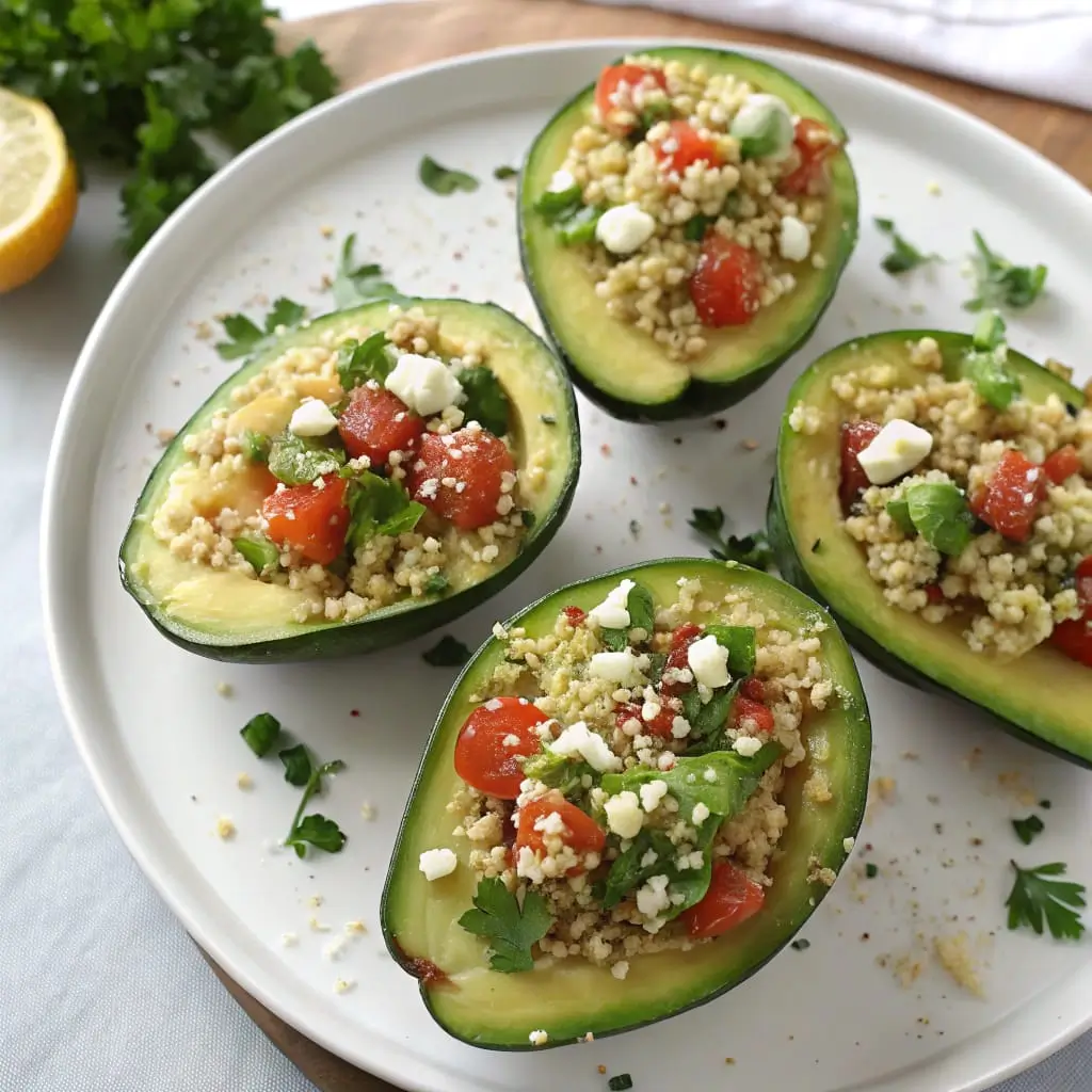 Ripe avocado halves filled with colorful quinoa tabbouleh, garnished with fresh parsley and lemon wedges