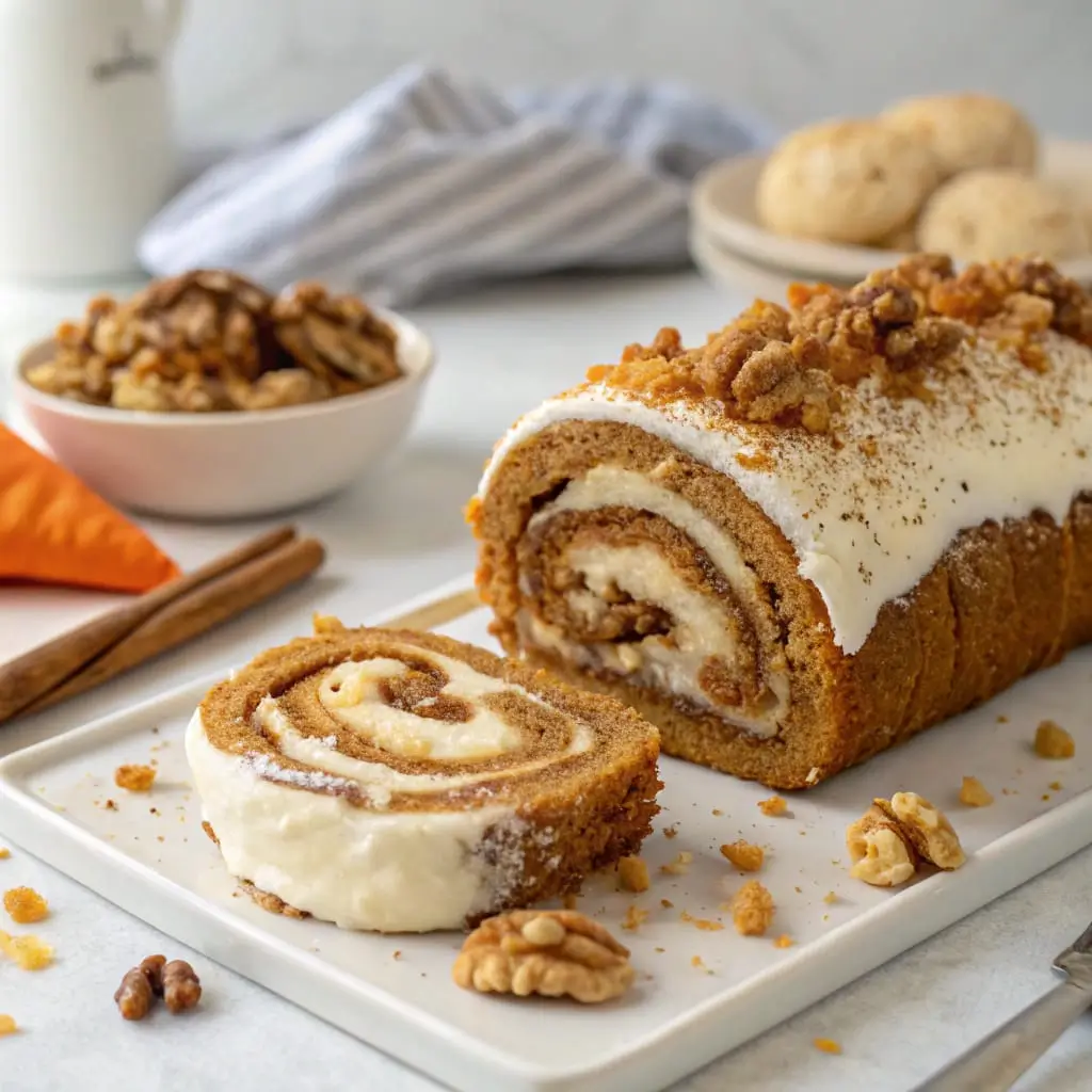 Soft carrot cake cinnamon rolls swirled with cinnamon spice and shredded carrots, topped with rich cream cheese frosting and chopped pecans.