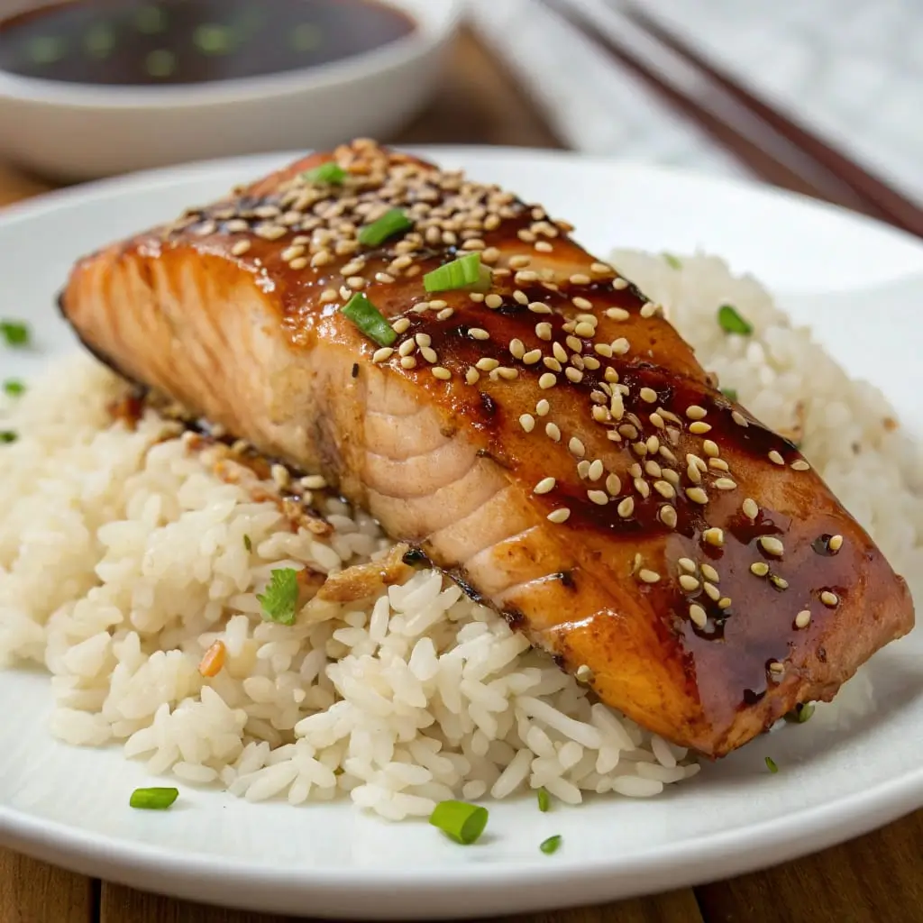 Glazed honey soy baked salmon fillets served over fluffy sesame rice with steamed bok choy and scallions, garnished with sesame seeds.