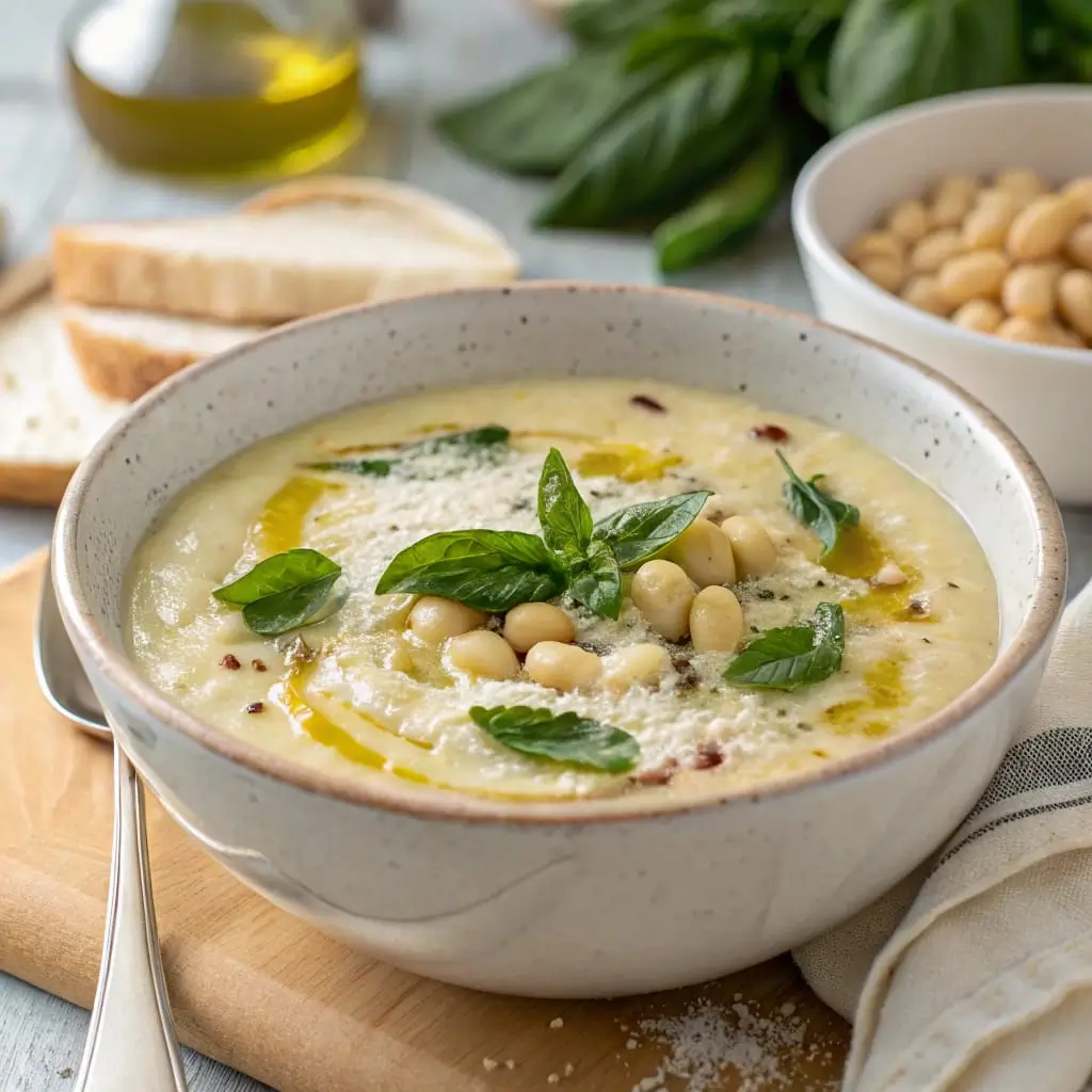 A bowl of creamy Tuscan white bean soup topped with fresh herbs and served with crusty bread.