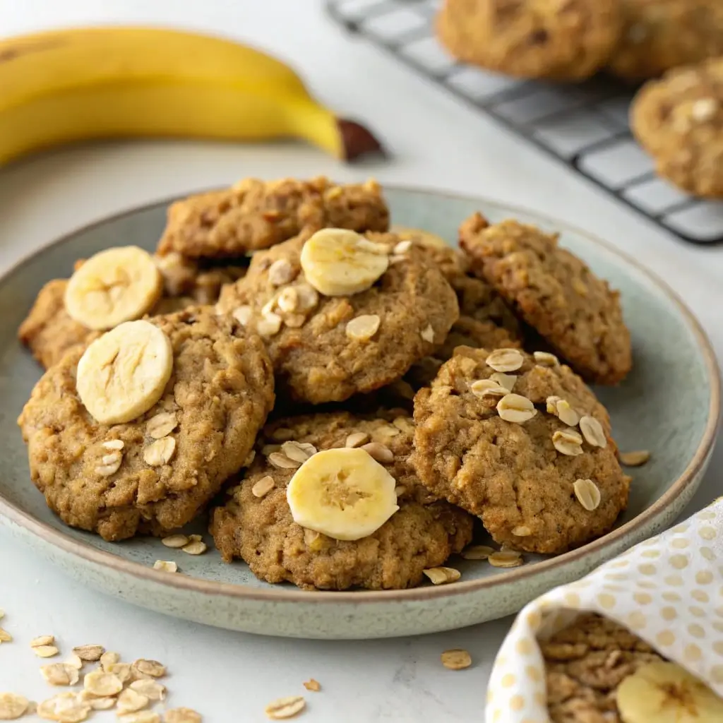 Homemade banana oat energy cookies studded with chocolate chips, seeds, and nuts on a rustic baking tray.