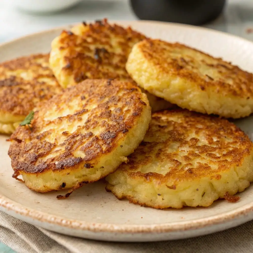 Crispy cauliflower hash browns served on a white plate with a side of ketchup.