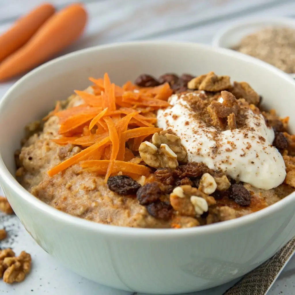 A mason jar filled with carrot cake overnight oats, topped with shredded carrots, walnuts, and cinnamon.