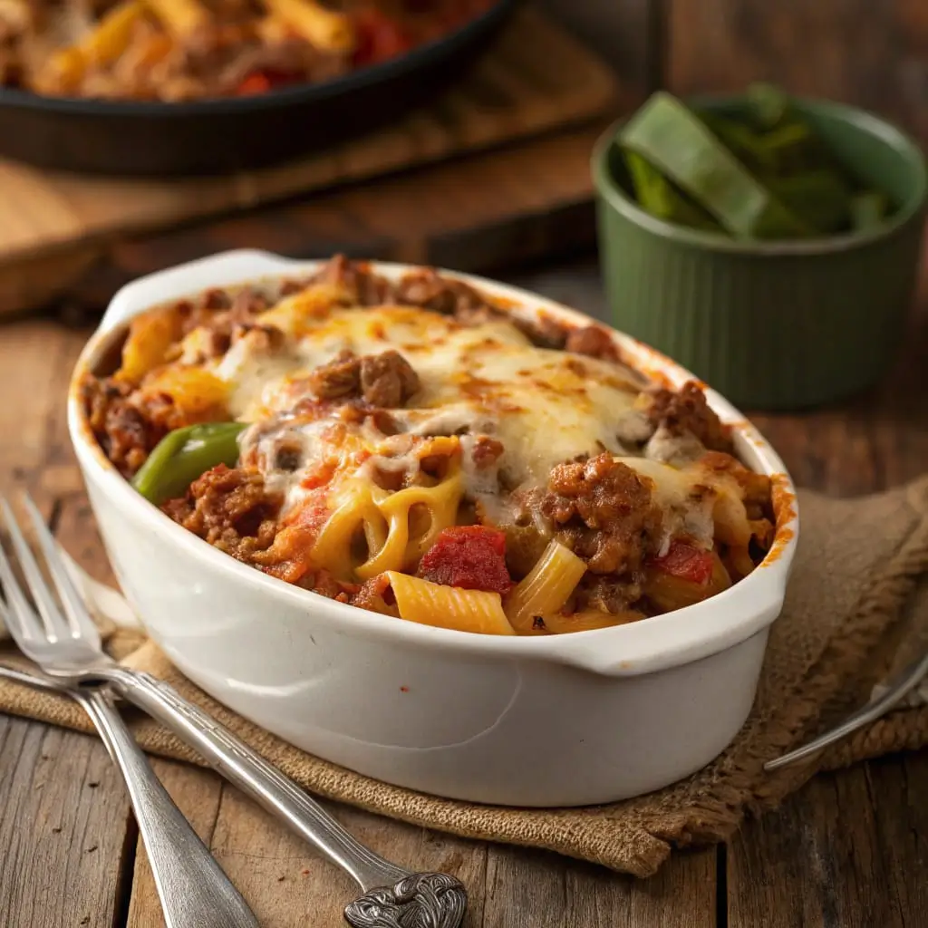Classic Johnny Marzetti casserole with baked noodles, ground beef, tomato sauce, and melted cheese, served in a deep dish.