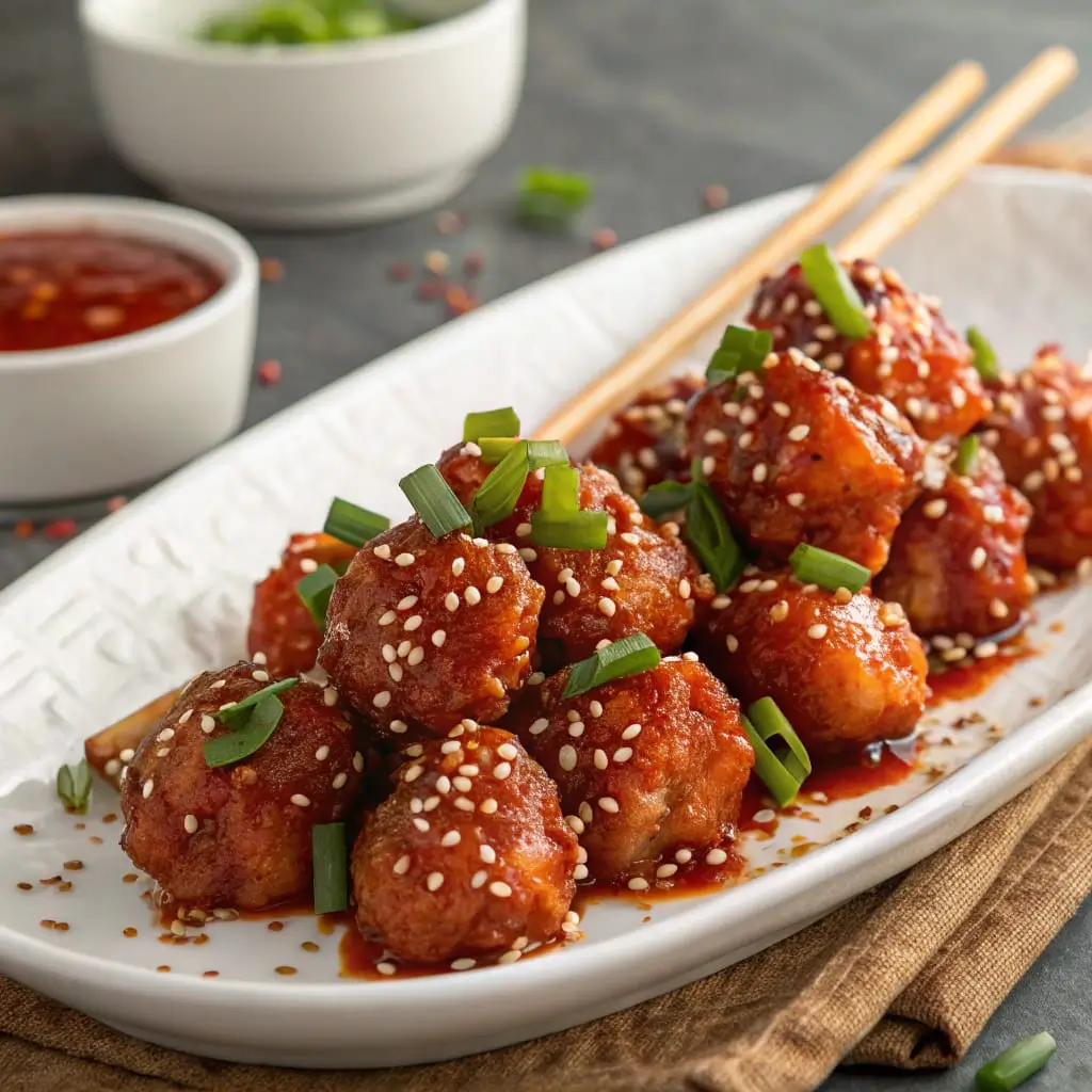 Crispy Bang Bang Chicken Bites coated in a spicy-sweet creamy sauce, garnished with green onions and sesame seeds on a white plate.