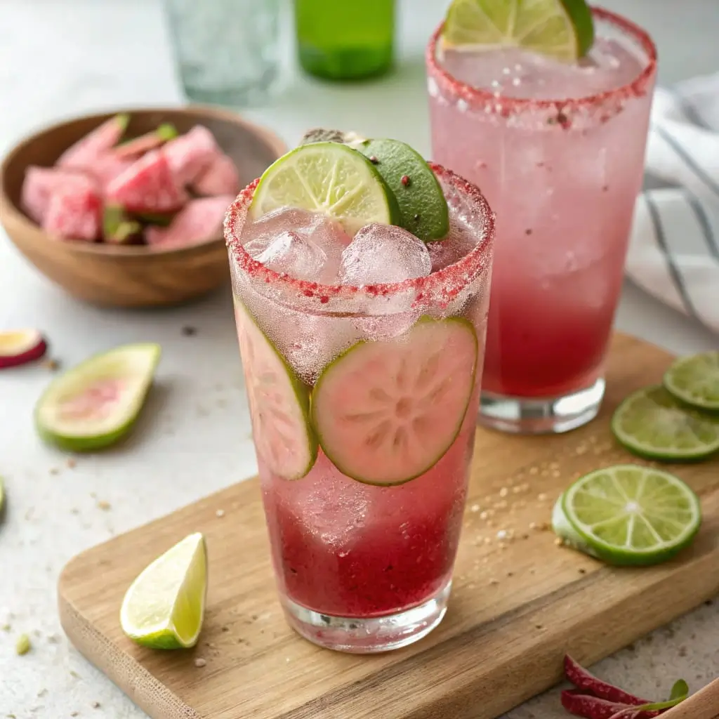 Vibrant prickly pear lime refresher in a clear glass with ice cubes, garnished with lime slices and a sprig of fresh mint.