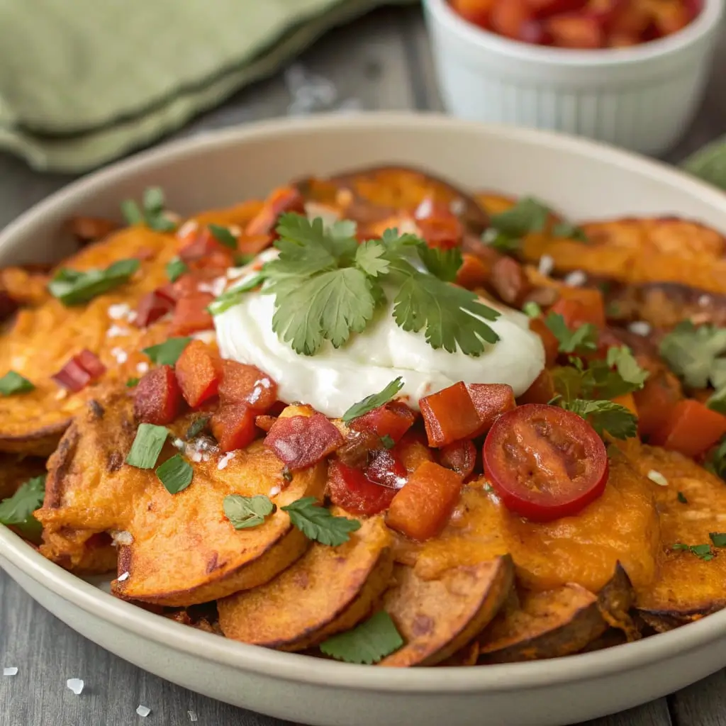 Crispy baked sweet potato nachos topped with black beans, melted cheese, diced tomatoes, sliced jalapeños, avocado chunks, and fresh cilantro on a rustic wooden board