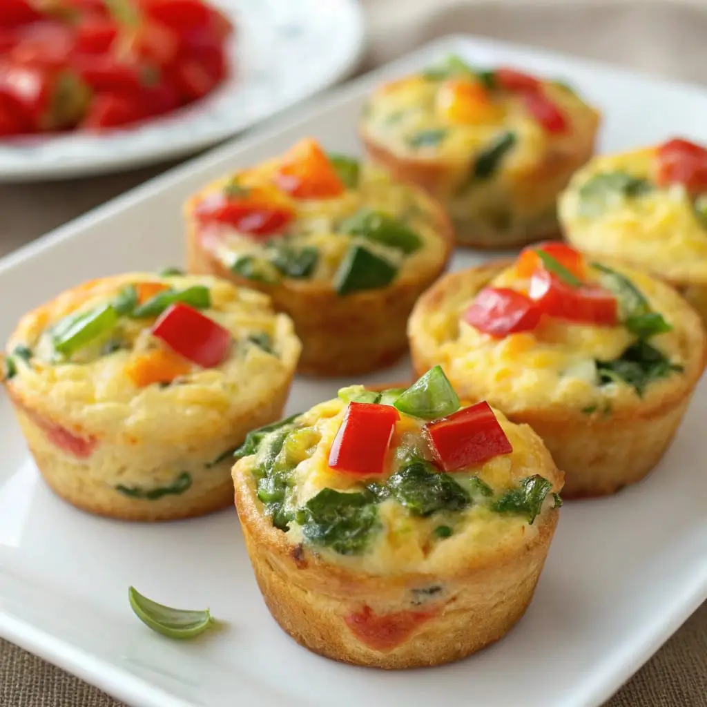 Freshly baked mini egg muffins with colorful vegetables and melted cheese, served on a white plate.