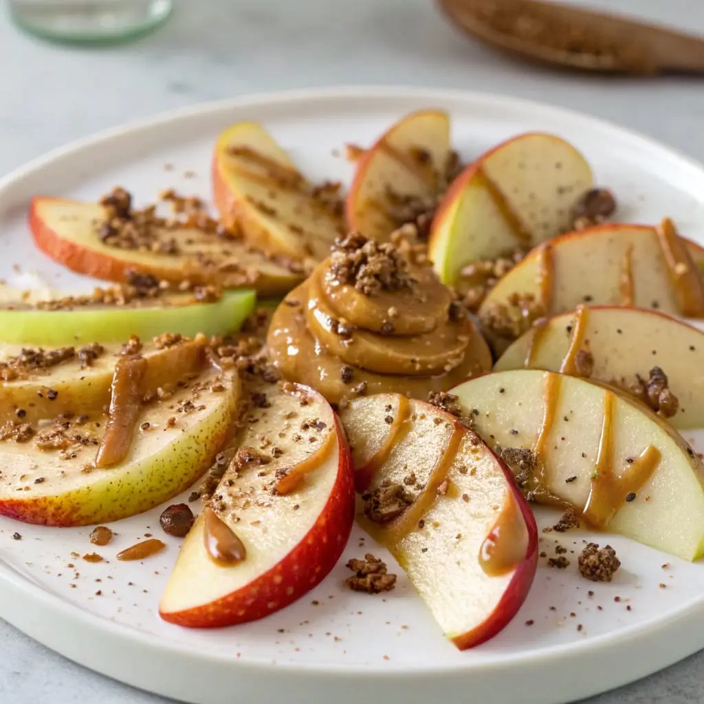 Mini Apple Nachos with Peanut Butter Drizzle – A Sweet & Healthy Snack - Easy Quick Recipe - Easy Quick Recipe A plate of mini apple nachos topped with peanut butter drizzle, chocolate chips, and shredded coconut.