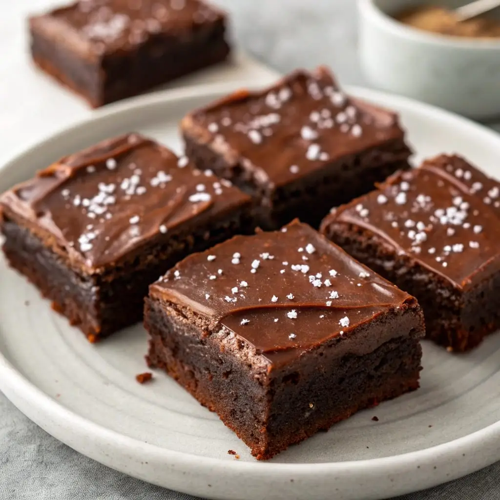 Mocha Fudge Avocado Brownies – Decadent, Dairy-Free Bliss - Easy Quick Recipe - Easy Quick Recipe Rich and fudgy mocha avocado brownies with a glossy top, sliced into squares and garnished with a dusting of cocoa powder on a rustic wooden board.