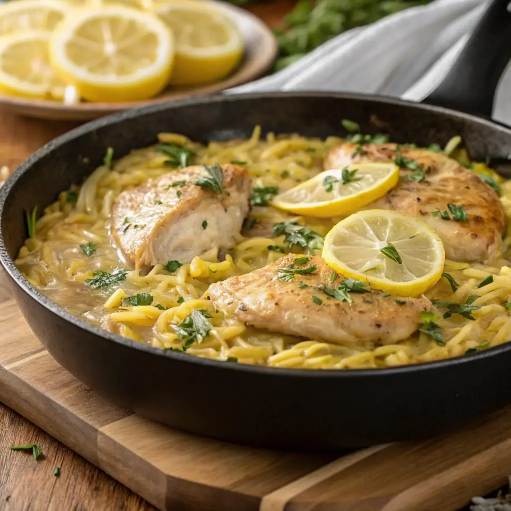 Creamy Lemon Chicken Orzo Skillet – One-Pan Comfort with Zing - Easy Quick Recipe - Easy Quick Recipe Creamy lemon chicken orzo skillet garnished with fresh parsley and lemon slices, served hot in a rustic black cast iron pan.