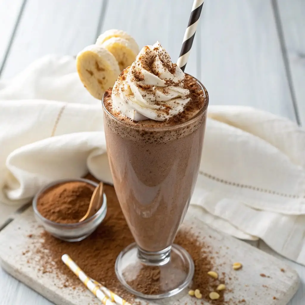 Creamy banana coffee smoothie served in a tall glass, topped with a dusting of cocoa powder and a few banana slices, with a reusable straw.