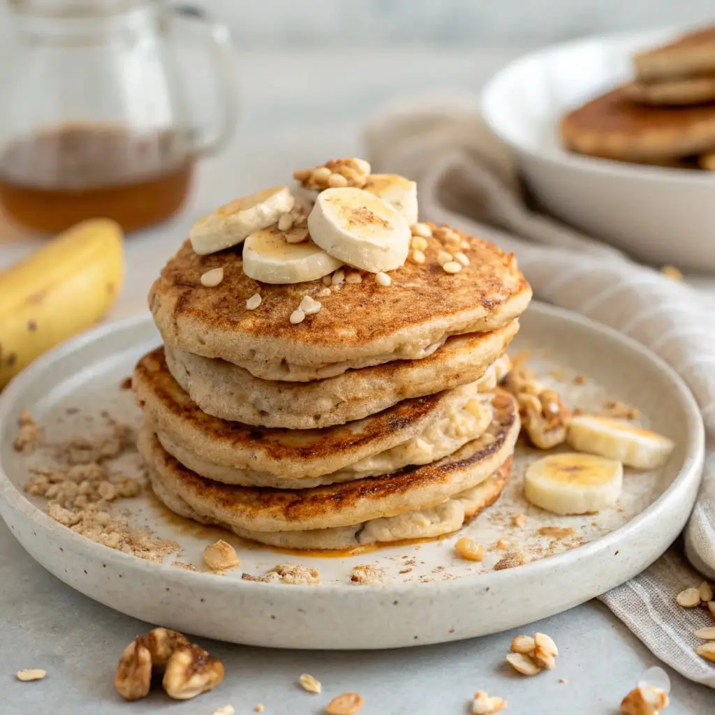 Banana Oat Pancakes – No Sugar, Healthy Breakfast Delight - Easy Quick Recipe - Easy Quick Recipe Fluffy banana oat pancakes stacked high, topped with fresh banana slices and a drizzle of maple syrup.