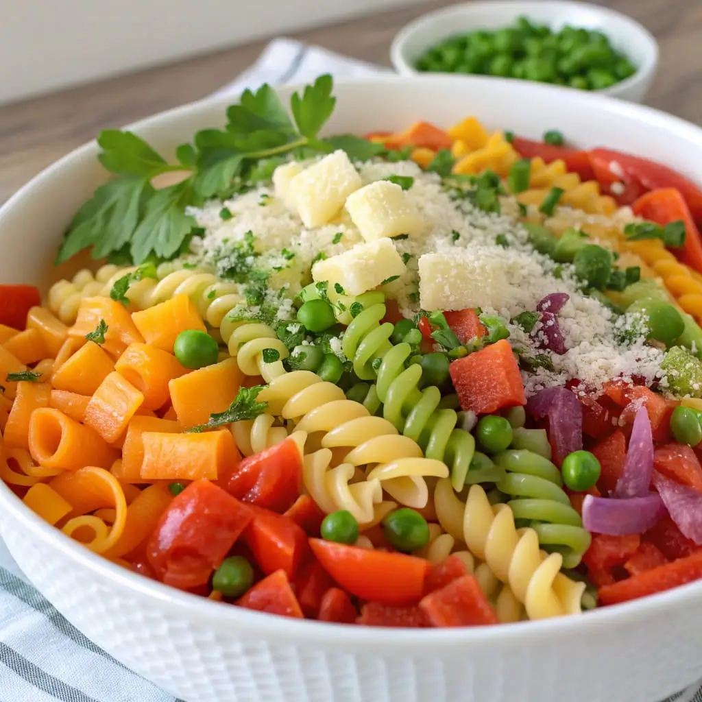Rainbow Pasta Salad with Hidden Veggies – A Colorful and Nutritious Meal - Easy Quick Recipe - Easy Quick Recipe A vibrant bowl of rainbow pasta salad with hidden veggies, topped with fresh herbs and a light dressing.