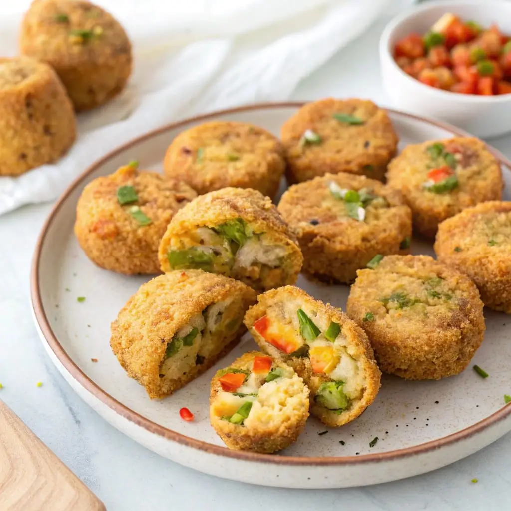 Baked Veggie Nuggets for Toddlers – Healthy, Fun & Finger-Friendly - Easy Quick Recipe - Easy Quick Recipe Bite-sized baked veggie nuggets for toddlers, golden and crispy, served on a colorful toddler-friendly plate with a side of ketchup.